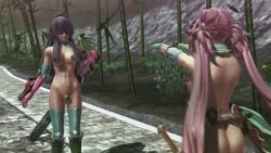 Rule 34 | 2girls, 3d, abs, animated, animated gif, ass, back, banana, breasts, butt crack, chainsaw, food, food on crotch, food on nipples, fruit, high heels, impossible clothes, jumping, kagura (oneechanbara), katana, long hair, lowres, multicolored shoes, multiple girls, navel, oneechanbara, ponytail, saaya (oneechanbara), scared, strawberry, sword, twintails, very long hair, weapon, white legwear