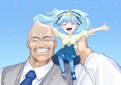 Rule 34 | 10s, 1boy, 1girl, ^ ^, absurdres, bald, blue hair, blue sky, blush, byackopath (artist), cherry blossoms, child, closed eyes, family, father and daughter, go takeo, hair ornament, happy, highres, hoshikawa lily, idol, manly, necktie, open mouth, outstretched arms, pantyhose, sitting on shoulder, size difference, skirt, sky, smile, spoilers, spread arms, star (symbol), star hair ornament, teeth, twintails, zombie land saga