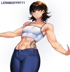 Rule 34 | 1girl, abs, absurdres, artist name, breasts, brown eyes, brown hair, character name, commentary, cowgirl position, english commentary, glasses, hair between eyes, highres, leanbeefpatty, looking at viewer, muscular, muscular female, navel, nsfwolf, outstretched arms, pants, photo-referenced, real life, simple background, solo, straddling, tattoo, twitter username, watermark