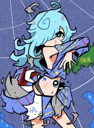 Rule 34 | 1girl, acronym, ahoge, armpit crease, arms up, bare shoulders, blue eyes, blue hair, bright pupils, closed mouth, cloud, cloud over head, cowboy shot, cropped shirt, crossed arms, extra eyes, hair over one eye, half-closed eyes, highres, japan, leaning on object, light frown, long hair, long sleeves, looking at viewer, map, midriff, navel, off-shoulder shirt, off shoulder, original, pleated skirt, rain, raised eyebrows, rumford, shirt, skirt, solo, umbrella print, weather, weathergirl, white pupils, yellow nails