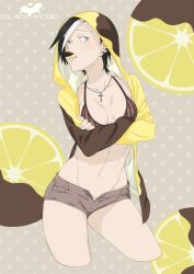 Rule 34 | 1girl, absurdres, artist name, bikini, bikini top only, black hair, black shorts, blush, breasts, breasts apart, brown bikini, character name, chocolate, collarbone, contrapposto, cropped legs, cross, cross necklace, crossed arms, ear piercing, food, food-themed background, food in mouth, fruit, highres, hood, hood up, hoodie, jewelry, kamezaemon, lemon, lemon slice, long sleeves, looking at viewer, medium breasts, mouth hold, multicolored hair, navel, necklace, open clothes, open fly, open hoodie, original, pendant, piercing, polka dot, polka dot background, sanpaku, short hair, shorts, solo, standing, stomach, streaked hair, striped bikini, striped bikini top, striped clothes, swimsuit, thighs, unbuttoned, vertical stripes, white hair