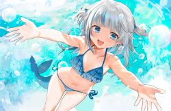 Rule 34 | 1girl, absurdres, bikini, blue eyes, blush, breasts, bubble, collarbone, fins, fish tail, gawr gura, highres, hololive, hololive english, looking at viewer, medium hair, navel, open mouth, outstretched arms, seicoh, shark tail, small breasts, solo, spread arms, swimsuit, tail, teeth, virtual youtuber