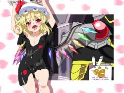 Rule 34 | 1boy, 1girl, :d, ainz ooal gown, arms up, bag, black shirt, blonde hair, blush, bondance012, book, bottomless, clothes writing, collarbone, cosplay, fangs, flandre scarlet, hat, hecatia lapislazuli, hecatia lapislazuli (cosplay), highres, idolmaster, idolmaster cinderella girls, looking at viewer, loose clothes, loose shirt, multicolored wings, open mouth, overlord (maruyama), paper bag, parody, red eyes, shirt, short hair, side ponytail, smile, title parody, touhou, wings