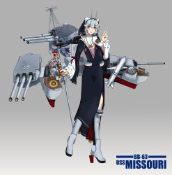 Rule 34 | :d, =, aqua hair, boots, gradient background, highres, jewelry, monocle, necklace, nun, open mouth, personification, red eyes, rudder footwear, side slit, smile, solo, staff, turret, uss missouri (bb-63), v, wide sleeves, yoshimizu amine