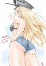 Rule 34 | 1girl, ass, bikini, bismarck (kancolle), black bikini, blonde hair, blue eyes, commentary request, cutoffs, denim, denim shorts, from behind, german text, grey hat, hat, kantai collection, koshigaya tatsumi, long hair, looking at viewer, military hat, peaked cap, shorts, simple background, solo, spoken squiggle, squiggle, standing, swimsuit, translation request, white background