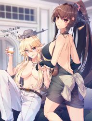 Rule 34 | 2girls, ahoge, alcohol, backless outfit, blonde hair, blue eyes, breasts, brown hair, cleavage, couch, cup, elbow gloves, gloves, hair intakes, headgear, highres, himeyamato, holding, holding cup, holding hands, ice, ice cube, iowa (kancolle), kantai collection, large breasts, long hair, multiple girls, navel, pants, ponytail, red eyes, sideboob, star-shaped pupils, star (symbol), symbol-shaped pupils, tassel, tongue, tongue out, topless, very long hair, whiskey, white pants, yamato (kancolle)