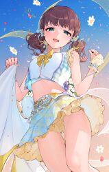 Rule 34 | 1girl, bare shoulders, blue eyes, blue sky, bow, bowtie, brown hair, commentary request, feet out of frame, floating, floating object, flower, frilled skirt, frills, hair bow, hair flower, hair ornament, hands up, highres, holding, holding clothes, idolmaster, idolmaster cinderella girls, koyo akio, looking at viewer, looking down, midriff, miniskirt, open mouth, sakuma mayu, shirt, skirt, sky, smile, solo, thighs, twintails, white bow, white flower, white shirt, white skirt, wrist wrap, yellow bow, yellow bowtie