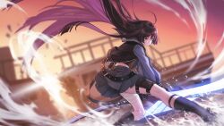 Rule 34 | 1girl, ahoge, bandaged leg, bandages, belt, black eyes, black hair, black sailor collar, black serafuku, black skirt, black socks, closed mouth, crop top, floating hair, forever 7th capital, full body, game cg, hair ornament, hime cut, holding, holding sword, holding weapon, jyuuku (forever 7th capital), long hair, long sleeves, loose belt, official art, outdoors, puffy sleeves, sailor collar, school uniform, serafuku, skirt, socks, solo, sword, thigh strap, weapon