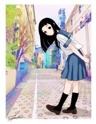 Rule 34 | 1girl, black hair, black socks, expressionless, full body, goto hime, highres, kakushigoto, leaning forward, loafers, long hair, looking at viewer, original, outdoors, own hands together, school uniform, serafuku, shoes, skirt, socks, solo, toshi chihiro2