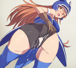 Rule 34 | 1girl, akira (coffee curry), armor, ass, black panties, blue thighhighs, blush, brown eyes, brown hair, cameltoe, chunsoft, cum, cum on clothes, daisy (dq), dragon quest, dragon quest iii, dragon quest yuusha abel densetsu, enix, gloves, helmet, long hair, looking at viewer, looking back, open mouth, panties, solo, thighhighs, underwear