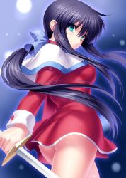 Rule 34 | 1girl, black hair, blue background, blue ribbon, capelet, from behind, green eyes, hair ribbon, kanon, kawasumi mai, looking back, ponytail, red skirt, ribbon, school uniform, skirt, solo, sword, weapon, white capelet, zen