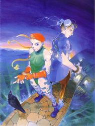 Rule 34 | 1990s (style), bengus, bird, blonde hair, bridge, cammy white, capcom, castle, chun-li, crow, delta red, forest, game, nature, official art, pale skin, spandex, street fighter, street fighter ii (series), tongue