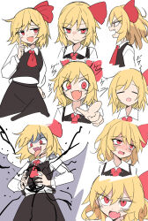 Rule 34 | 1girl, black skirt, black vest, blonde hair, blush, closed eyes, collared shirt, darkness, e.o., fang, fangs, hair ribbon, highres, index finger raised, laughing, long hair, magic, neckerchief, open mouth, pointing, pointing at viewer, red eyes, red neckerchief, red ribbon, ribbon, rumia, scar, scar on face, shirt, short hair, sketch, skin fang, skirt, smile, touhou, translation request, vest, white background, white shirt