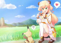 Rule 34 | 1girl, ?, animal ears, asymmetrical legwear, bear ears, bell, bike shorts, black shorts, blonde hair, boots, bow, bowtie, breasts, brown footwear, camera, cleavage, creatures (company), crossover, flower, frilled skirt, frilled thighhighs, frills, game freak, gen 7 pokemon, gradient hair, green eyes, hair between eyes, hair flower, hair ornament, heart, hololive, jingle bell, large breasts, layered skirt, long hair, mimikyu, miniskirt, momosuzu nene, multicolored hair, multicolored neckwear, neck bell, new pokemon snap, nintendo, orange shirt, orange skirt, peach ornament, petticoat, pokemon, pokemon (creature), shirt, shorts, shorts under skirt, single sock, single thighhigh, skirt, socks, spoken heart, spoken question mark, squatting, taking picture, thighhighs, two side up, typho, uneven legwear, upskirt, virtual youtuber, white thighhighs, yellow skirt