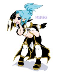 Rule 34 | 1girl, adaghi, ass, blue hair, breasts, character name, jewelry, large breasts, leaning forward, lowres, midriff, mole, oekaki, pigeon-toed, purple eyes, ragnarok online, short hair, simple background, solo, warlock, white background