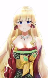 Rule 34 | 1girl, black bow, blonde hair, blue eyes, blush, bow, breasts, elf, hair bow, hair ornament, highres, large breasts, long hair, looking at viewer, pointy ears, princess connect!, rere:, saren (christmas) (princess connect!), saren (princess connect!), smile, solo