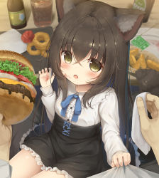Rule 34 | 1girl, 1other, animal ear fluff, animal ears, arm up, black skirt, bottle, brown eyes, brown hair, burger, child, dirty, dog ears, dog girl, dog tail, drooling, eyebrows, fang, food, highres, long hair, looking at viewer, open mouth, original, pov, psyche3313, saliva, shirt, shirt grab, sitting, skirt, tail, white shirt