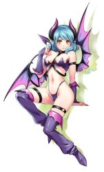Rule 34 | 1girl, aqua hair, arm support, bikini, blush, boots, breasts, bridal gauntlets, demon girl, demon horns, demon tail, demon wings, domestic na kanojo, gloves, gradient wings, highleg, highleg bikini, horns, medium breasts, multicolored wings, navel, o-ring, parted lips, pink wings, purple footwear, purple gloves, purple wings, red eyes, sasuga kei, shadow, short hair, solo, swimsuit, tachibana rui, tail, thigh boots, thigh strap, thighhighs, white background, wings
