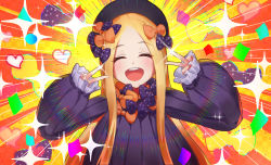 Rule 34 | 1girl, :d, ^ ^, abigail williams (fate), absurdres, black bow, black dress, black hat, blonde hair, bow, closed eyes, commentary request, double v, dress, emotional engine - full drive, facing viewer, fate/grand order, fate (series), hair bow, hat, heart, highres, long hair, long sleeves, open mouth, orange bow, parted bangs, polka dot, polka dot bow, round teeth, sleeves past wrists, smile, solo, sparkle, teeth, upper body, upper teeth only, v, very long hair, wang man