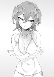 Rule 34 | 1girl, arms under breasts, bikini, breast hold, breasts, collarbone, female focus, greyscale, groin, hair between eyes, halterneck, head wings, highres, hololive, large breasts, looking at viewer, monochrome, mukago (mukagomumumu), navel, parted lips, solo, swimsuit, takane lui, tsurime, virtual youtuber, wings