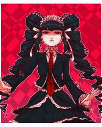 Rule 34 | 1girl, black hair, bonnet, border, celestia ludenberg, center frills, claw ring, collared shirt, danganronpa: trigger happy havoc, danganronpa (series), drill hair, earrings, erlin 009, frills, frown, gothic lolita, highres, jacket, jewelry, layered skirt, lolita fashion, long hair, long sleeves, looking at viewer, necktie, outline, print necktie, red background, red eyes, red necktie, shirt, skirt, solo, twin drills, twintails, two-tone background, white border, white outline