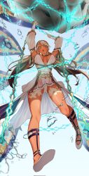 Rule 34 | 1girl, andromeda (fate), andromeda (first ascension) (fate), armlet, arms up, bare shoulders, belly chain, blonde hair, braid, breasts, chain, collar, crown braid, cuffs, dark-skinned female, dark skin, detached sleeves, dress, fate/grand order, fate (series), full body, gold choker, green eyes, hair ornament, highres, hiyayaako, jaws, jewelry, large breasts, long hair, looking at viewer, low twintails, metal collar, multicolored hair, shackles, smile, solo, twintails, two-tone hair, white footwear, white hair, yellow wrist cuffs