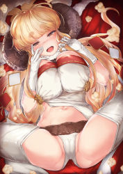 Rule 34 | 1girl, anila (granblue fantasy), ass, blonde hair, blunt bangs, blush, breasts, cleavage, draph, dress, elbow gloves, gloves, granblue fantasy, highres, horns, large breasts, long hair, looking at viewer, lying, mathiamo13, navel, on back, open mouth, panties, sheep horns, short eyebrows, smile, solo, spread legs, thighs, underwear, very long hair, white dress, white gloves, white legwear, white panties, yellow eyes