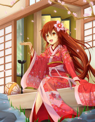 Rule 34 | 1girl, :d, ball, bell, blush, branch, brown eyes, brown hair, cherry blossoms, collarbone, commentary request, day, fingernails, floral print, flower, folding screen, from below, grass, hair between eyes, hair ribbon, hand up, japanese clothes, jingle bell, kimono, kyomei, long hair, long sleeves, looking away, looking up, obi, open mouth, original, outdoors, outstretched hand, petals, pink flower, pink ribbon, print kimono, red kimono, ribbon, rock, sash, shouji, sitting, sliding doors, smile, solo, temari ball, wide sleeves, wristband, yellow ribbon