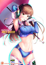 Rule 34 | 1girl, absurdres, adapted costume, arm up, armpits, bare shoulders, blush, bracer, breasts, brown eyes, brown hair, cameltoe, character name, contrapposto, cowboy shot, d.va (overwatch), detached sleeves, elbow gloves, emblem, english text, facepaint, facial mark, finger to mouth, gloves, gluteal fold, groin, hand on own face, hand up, high collar, highres, large breasts, lips, lipstick, logo, long hair, makeup, midriff, nakatokung, navel, overwatch, overwatch 1, pink lips, race queen, simple background, skin tight, solo, standing, taut clothes, text focus, thighhighs, turtleneck, umbrella, watermark, web address, whisker markings, white background, white gloves