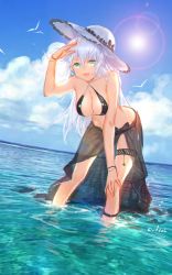 Rule 34 | 1girl, arm up, artist name, bent over, bikini, bird, black bikini, black heart (neptunia), blue sky, bracelet, breasts, choujigen game neptune, cleavage, commentary, criss-cross halter, day, dutch angle, english commentary, green eyes, hair between eyes, halterneck, hat, highres, horizon, jewelry, large breasts, lens flare, looking at viewer, neptune (series), noire (neptunia), outdoors, sarong, silver hair, sky, solo, sun, swd3e2, swimsuit, thigh strap, wading, wet