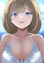 Rule 34 | 1girl, bikini, blush, borgbutler, breasts, brown hair, cleavage, cloud, collarbone, commentary request, half-closed eyes, highres, looking at viewer, love live!, love live! superstar!!, medium breasts, multicolored hair, open mouth, portrait, purple eyes, purple hair, sky, smile, smug, solo, straight-on, streaked hair, swimsuit, tang keke, upper body, white bikini
