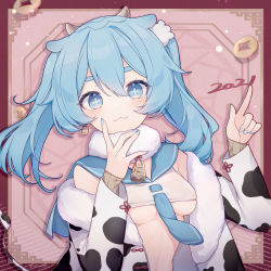Rule 34 | + +, 1girl, 2021, absurdres, animal ears, animal print, bell, blue eyes, blue hair, blue nails, blue necktie, blue sailor collar, breasts, chinese zodiac, commentary request, cow ears, cow girl, cow horns, cow print, cow tail, crop top, earrings, eta, eyebrows hidden by hair, fur-trimmed jacket, fur collar, fur trim, hair between eyes, highres, horns, huge filesize, jacket, jewelry, long sleeves, looking at viewer, medium breasts, nail polish, necktie, new year, off shoulder, open clothes, open jacket, original, print jacket, sailor collar, shirt, short eyebrows, sleeveless, sleeveless shirt, sleeves past wrists, solo, tail, thick eyebrows, twintails, underboob, upper body, white jacket, white shirt, year of the ox