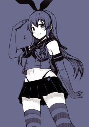 Rule 34 | 10s, 1girl, anchor hair ornament, blush, closed mouth, cowboy shot, crop top, elbow gloves, gloves, hair ornament, hairband, highleg, highleg panties, kantai collection, kouji (campus life), lavender, long hair, looking at viewer, midriff, miniskirt, monochrome, musical note, navel, neckerchief, open mouth, panties, purple theme, quaver, school uniform, serafuku, shimakaze (kancolle), sidelocks, sketch, skirt, smile, solo, stomach, striped clothes, striped thighhighs, thighhighs, underwear