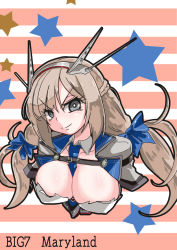 Rule 34 | 1girl, between breasts, blue bow, blue necktie, bow, braid, breasts, dress, french braid, grey dress, grey eyes, hair bow, headgear, highres, kantai collection, large breasts, light brown hair, long hair, low twintails, maryland (kancolle), necktie, necktie between breasts, solo, tsun&#039;ichi (tsun1), twintails, upper body