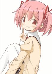 Rule 34 | 1girl, arm at side, arm support, blush, bow, closed mouth, dot nose, dutch angle, eyes visible through hair, feet out of frame, finger to cheek, finger to face, from side, hair between eyes, hair ribbon, happy, high collar, highres, index finger raised, juliet sleeves, kaname madoka, legs together, long sleeves, looking at viewer, looking to the side, mahou shoujo madoka magica, mahou shoujo madoka magica (anime), mitakihara school uniform, neck ribbon, pink eyes, pink hair, puffy sleeves, red ribbon, ribbon, school uniform, shaded face, short twintails, sidelocks, simple background, sitting, smile, solo, thighhighs, tsubaki (tatajd), twintails, uniform, upper body, waist bow, white background, white thighhighs, zettai ryouiki