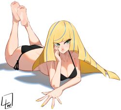 Rule 34 | 1girl, absurdres, ass, asymmetrical hair, barefoot, bikini, black bikini, blonde hair, blue hair, blunt bangs, blunt ends, breasts, censored, censored feet, cleavage, collarbone, commission, creatures (company), eyelashes, feet, feet up, full body, game freak, green eyes, hand up, highres, l4wless, large breasts, lips, long hair, lusamine (pokemon), lying, mosaic censoring, multicolored hair, nail polish, nintendo, on stomach, pokemon, pokemon sm, shadow, side-tie bikini bottom, signature, simple background, soles, solo, streaked hair, swimsuit, the pose, toes, white background, yellow nails
