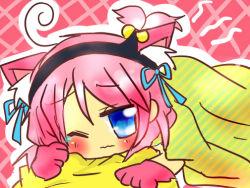 Rule 34 | 1girl, animal ears, blanket, blue eyes, blush, cat ears, gloves, hairband, kanonno earhart, pink background, pink hair, ribbon, tales of (series), tales of the world radiant mythology 2, wink