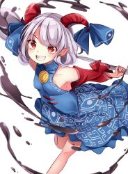 Rule 34 | 1girl, blue dress, blue ribbon, curled horns, detached sleeves, dress, grin, highres, horn ornament, horn ribbon, horns, looking at viewer, meandros, meimei (meimei89008309), oil, oversized object, pointy ears, red eyes, red horns, red sleeves, ribbon, sharp teeth, sheep horns, short hair, smile, solo, teeth, touhou, toutetsu yuuma, utensil, white background, white hair
