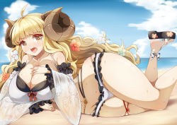 Rule 34 | 1girl, ahoge, anila (granblue fantasy), anila (summer) (granblue fantasy), ankle ribbon, beach, belly chain, bikini, blonde hair, blunt bangs, breasts, bright pupils, brown eyes, cleavage, cloud, cloudy sky, curvy, detached sleeves, draph, elbow rest, flower, frilled bikini, frills, granblue fantasy, groin, hair flower, hair ornament, hikimayu, horns, huge breasts, jewelry, layered bikini, leg ribbon, long hair, lying, ocean, on side, open mouth, raiden (raiden labo), ribbon, sandals, sheep horns, skindentation, sky, solo, sweat, swimsuit, thick thighs, thigh ribbon, thighs, tongue, tongue out, very long hair, wavy hair, wide hips