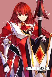 Rule 34 | 1girl, armor, armored dress, artist name, bad id, bad pixiv id, elesis (elsword), elsword, gloves, grand master (elsword), highres, huge weapon, long hair, neckerchief, pink background, red eyes, red hair, solo, swd3e2, sword, weapon