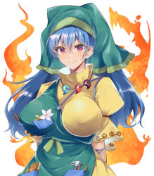 Rule 34 | 1girl, :d, apron, arms at sides, aura, blue hair, blush, breasts, closed mouth, commentary request, covered erect nipples, eyelashes, flower, green apron, green headwear, haniyasushin keiki, head scarf, jewelry, kurokan (kokkyou oudan), large breasts, long hair, looking at viewer, magatama, magatama necklace, necklace, open mouth, pocket, puffy short sleeves, puffy sleeves, red eyes, shirt, short sleeves, signature, simple background, single strap, smile, solo, tools, touhou, upper body, white background, white flower, yellow shirt, yellow sleeves
