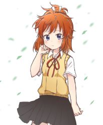 Rule 34 | 1girl, black skirt, blue eyes, blurry, blurry background, blush, brown hair, collared shirt, commentary request, cowboy shot, depth of field, falling leaves, hair ribbon, hand up, high ponytail, koshigaya natsumi, leaf, looking at viewer, neck ribbon, non non biyori, pleated skirt, ponytail, red ribbon, ribbon, school uniform, shika (s1ka), shirt, short sleeves, simple background, skirt, solo, sweater vest, white background, white ribbon, white shirt