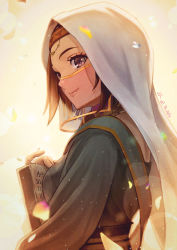 Rule 34 | 1girl, brown eyes, brown hair, commentary request, dated, dress, fate/grand order, fate (series), green dress, headband, highres, holding, looking back, mouth veil, sakumichi, see-through, siduri (fate), smile, solo, stone tablet, upper body, veil, white hood