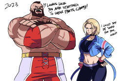 Rule 34 | 1boy, 1girl, beard, blonde hair, breasts, brown hair, cammy white, crop top, cropped jacket, crossed arms, english text, facial hair, facial scar, facing viewer, hand on own hip, highres, medium breasts, mohawk, muscular, muscular male, pants, scar, scar on cheek, scar on face, short hair, simple background, street fighter, street fighter 6, tina fate, white background, yoga pants, zangief