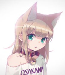 Rule 34 | 1girl, 40hara, animal collar, animal ear fluff, animal ears, blonde hair, bloom, blunt bangs, cat ears, clothes writing, collar, collarbone, commentary request, green eyes, highres, kinako (40hara), long hair, looking at viewer, open mouth, original, red collar, shirt, simple background, solo, t-shirt, upper body, white background, white shirt