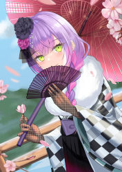 Rule 34 | 1girl, absurdres, bad id, bad pixiv id, black flower, blush, braid, checkered clothes, checkered kimono, closed mouth, fishnet gloves, fishnets, flower, fur collar, gloves, green eyes, hair flower, hair ornament, hand fan, highres, holding, holding fan, holding flower, hololive, japanese clothes, jiang ye kiri, kimono, long hair, looking at viewer, multicolored hair, pink flower, pink hair, purple hair, solo, tokoyami towa, tokoyami towa (new year), two-tone hair, virtual youtuber