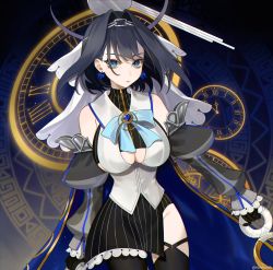 Rule 34 | 1girl, absurdres, black gloves, black hair, blue eyes, bow, bow earrings, breasts, center opening, clock, earrings, gloves, hair intakes, halo, highres, hololive, hololive english, jewelry, large breasts, mechanical halo, ouro kronii, ouro kronii (1st costume), rionkun81, skirt, striped clothes, striped skirt, thighhighs, twitter username, virtual youtuber, zipper