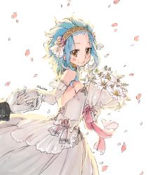 Rule 34 | 1boy, 1girl, blue hair, blush, bouquet, breasts, brown eyes, dress, elbow gloves, fairy tail, flower, gajeel redfox, gloves, hair flower, hair ornament, hairband, holding, holding bouquet, holding hands, levy mcgarden, long hair, petals, pink flower, rusky, sideboob, simple background, sleeveless, sleeveless dress, small breasts, smile, striped clothes, striped dress, wedding dress, white background, white dress, white flower, white gloves, yellow hairband