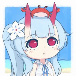Rule 34 | 1girl, beach, blue archive, blue hair, blue ribbon, blue sky, blunt bangs, border, bra, chestnut mouth, chibi, chise (blue archive), chise (swimsuit) (blue archive), commentary, crab on head, english commentary, flower, hair flower, hair ornament, highres, horns, light blush, long hair, neck ribbon, oni horns, outdoors, outside border, parted lips, red eyes, red horns, ribbon, sailor collar, side ponytail, sky, solo, striped bra, striped clothes, stryx, underwear, upper body, white border, white flower, white sailor collar