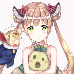 Rule 34 | 1girl, absurdres, bare shoulders, blonde hair, blush, bow, commentary, double bun, eyebrows, frills, hair bun, hair ornament, highres, long hair, looking at viewer, luna (shadowverse), hugging object, open mouth, red bow, shadowverse, simple background, smile, solo, stuffed animal, stuffed toy, surprised, tan background, tukisiro nao, twintails, yellow eyes